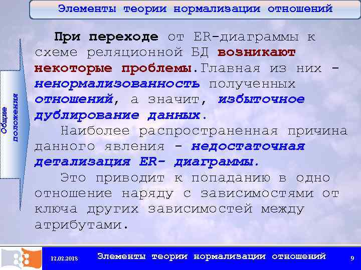 Общие положения Элементы теории нормализации отношений При переходе от ЕR-диаграммы к схеме реляционной БД