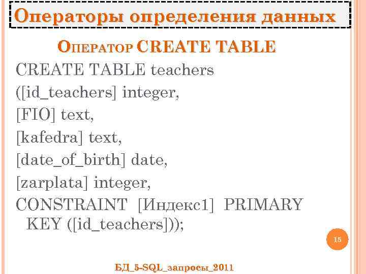 Операторы определения данных ОПЕРАТОР CREATE TABLE teachers ([id_teachers] integer, [FIO] text, [kafedra] text, [date_of_birth]