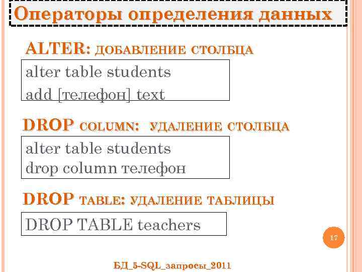 Операторы определения данных ALTER: ДОБАВЛЕНИЕ СТОЛБЦА alter table students add [телефон] text DROP COLUMN: