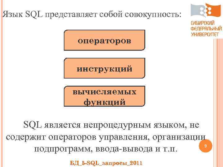 Язык SQL представляет собой совокупность: операторов инструкций вычисляемых функций SQL является непроцедурным языком, не