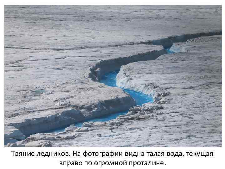 Таяние ледников. На фотографии видна талая вода, текущая вправо по огромной проталине. 