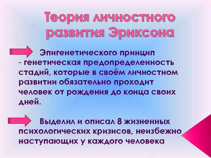 Теория личностного развития Эриксона Эпигенетического принцип - генетическая предопределенность стадий, которые в своём личностном
