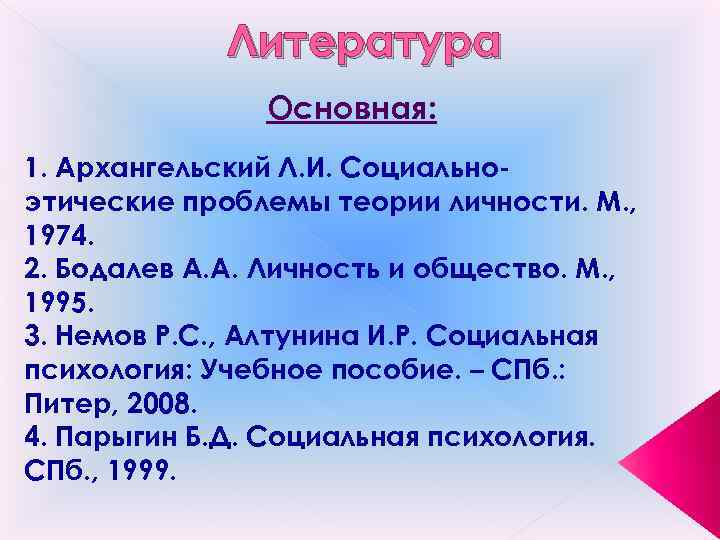 Литература Основная: 1. Архангельский Л. И. Социальноэтические проблемы теории личности. М. , 1974. 2.