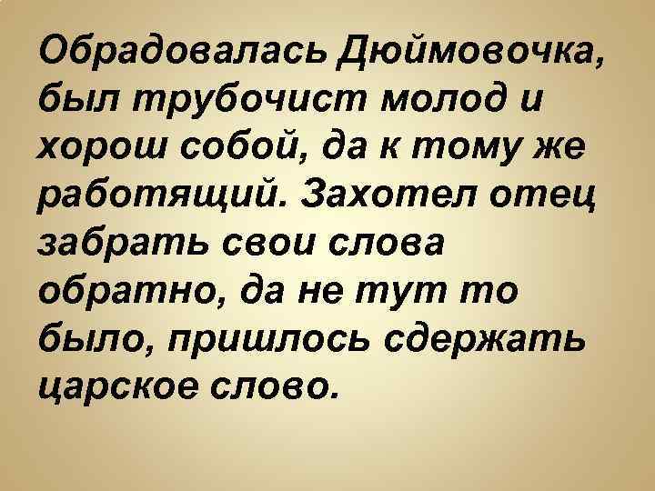 Обрадовалась Дюймовочка, был трубочист молод и хорош собой, да к тому же работящий. Захотел