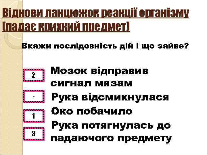 Віднови ланцюжок реакції організму (падає крихкий предмет) Вкажи послідовність дій і що зайве? 2
