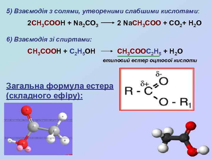 5) Взаємодія з солями, утвореними слабшими кислотами: 2 СН 3 СООН + Na 2