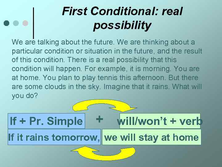 First Conditional: real possibility We are talking about the future. We are thinking about