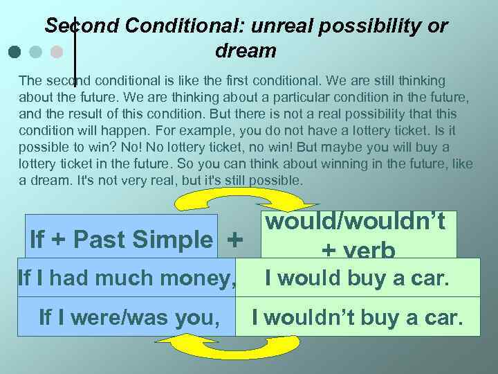 Second Conditional: unreal possibility or dream The seconditional is like the first conditional. We