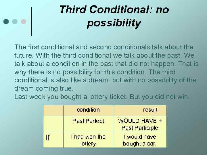 Third Conditional: no possibility The first conditional and seconditionals talk about the future. With