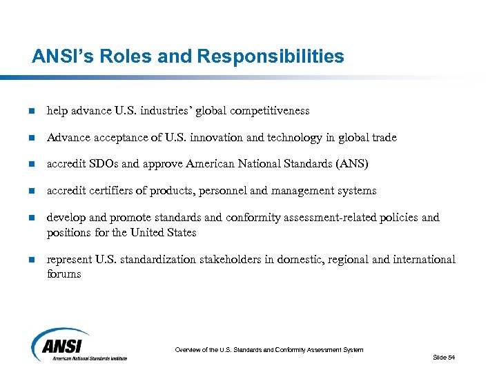 ANSI’s Roles and Responsibilities n help advance U. S. industries’ global competitiveness n Advance