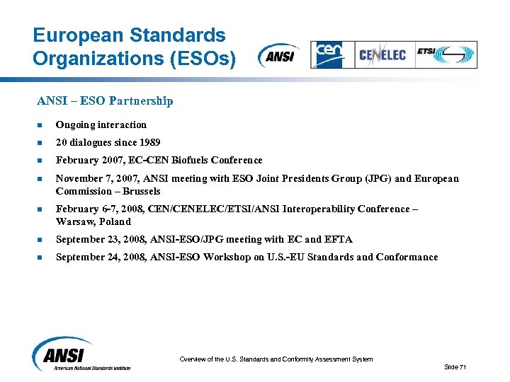 European Standards Organizations (ESOs) ANSI – ESO Partnership n Ongoing interaction n 20 dialogues