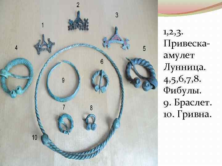 1, 2, 3. Привескаамулет Лунница. 4, 5, 6, 7, 8. Фибулы. 9. Браслет. 10.