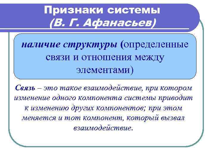 Наличие законодательства. Связи между элементами системы. Наличие структуры. Признаки системы связи. Признаки элементов системы.