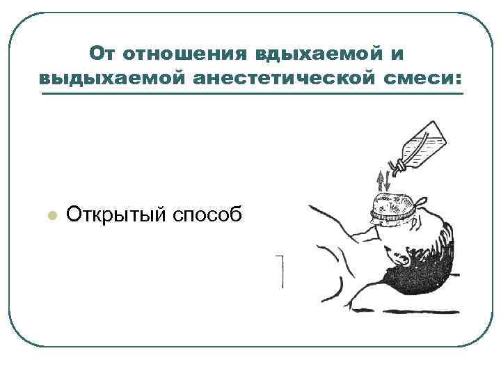 От отношения вдыхаемой и выдыхаемой анестетической смеси: l Открытый способ 