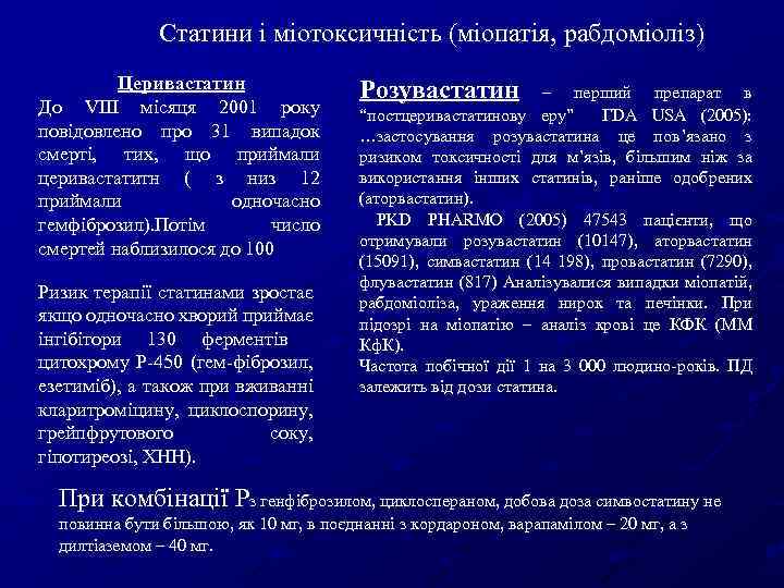 Статини і міотоксичність (міопатія, рабдоміоліз) Церивастатин До VІІІ місяця 2001 року повідовлено про 31