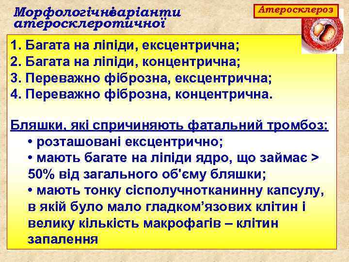 Морфологічні варіанти атеросклеротичної Атеросклероз 1. Багата на ліпіди, ексцентрична; 2. Багата на ліпіди, концентрична;