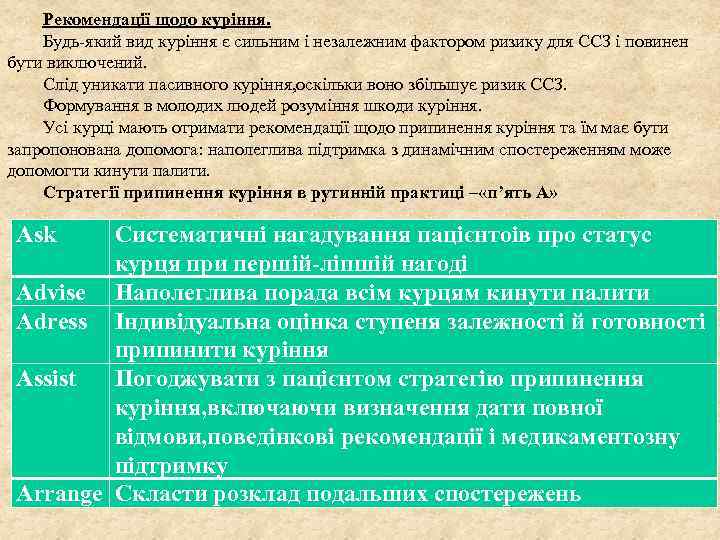 Рекомендації щодо куріння. Будь-який вид куріння є сильним і незалежним фактором ризику для ССЗ