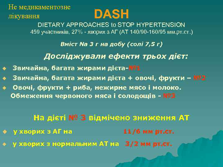 Не медикаментозне лікування DASH DIETARY APPROACHES to STOP HYPERTENSION 459 участників, 27% - хворих