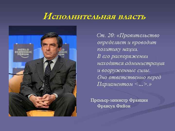 Исполнительная власть Ст. 20: «Правительство определяет и проводит политику нации. В его распоряжении находятся