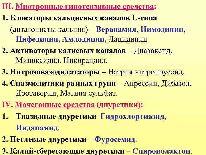 III. Миотропные гипотензивные средства: 1. Блокаторы кальциевых каналов L-типа (антагонисты кальция) – Верапамил, Нимодипин,