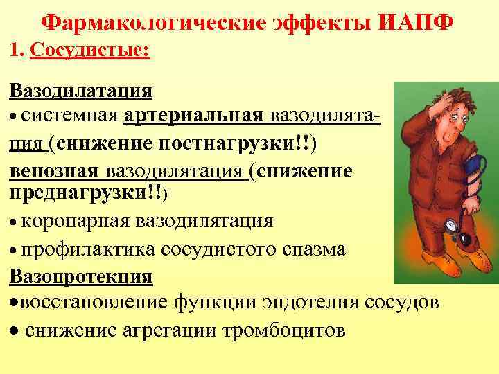 Фармакологические эффекты ИАПФ 1. Сосудистые: Вазодилатация · системная артериальная вазодилятация (снижение постнагрузки!!) венозная вазодилятация