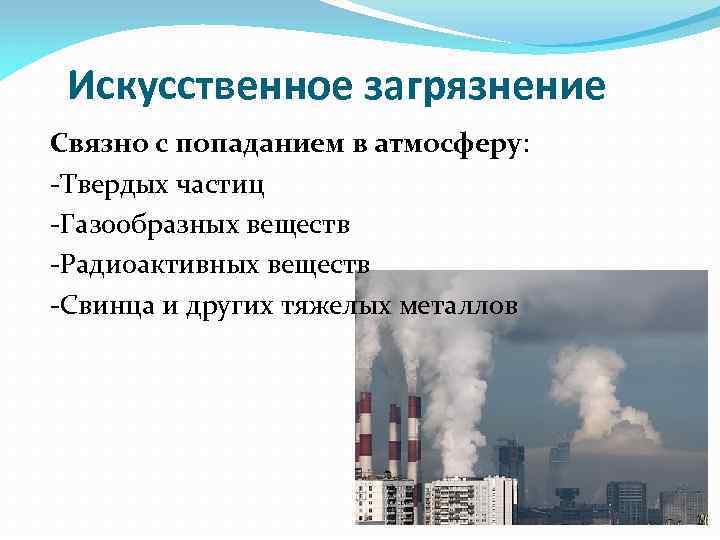 Искусственное загрязнение Связно с попаданием в атмосферу: -Твердых частиц -Газообразных веществ -Радиоактивных веществ -Свинца