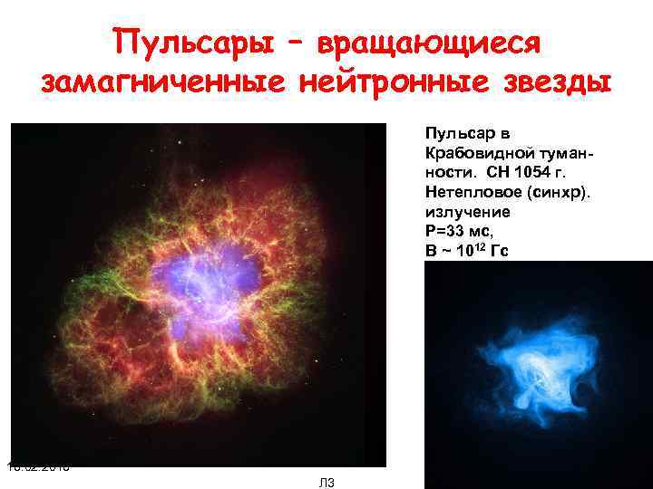 Пульсары – вращающиеся замагниченные нейтронные звезды Пульсар в Крабовидной туманности. СН 1054 г. Нетепловое
