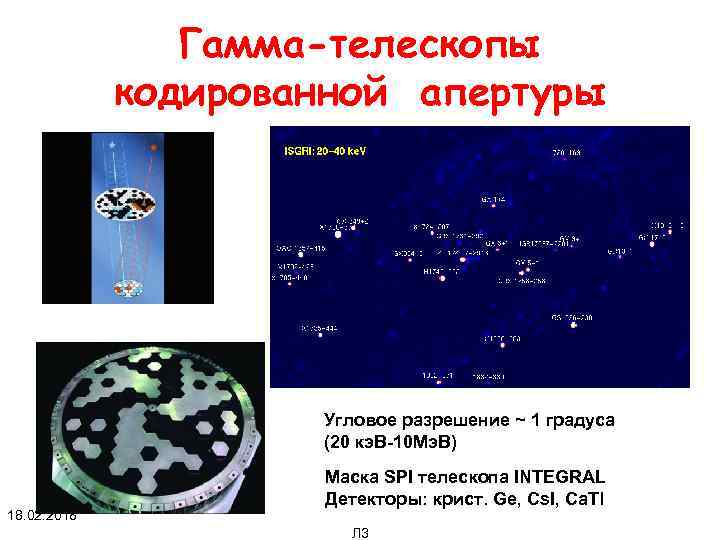 Гамма-телескопы кодированной апертуры Угловое разрешение ~ 1 градуса (20 кэ. В-10 Мэ. В) 18.