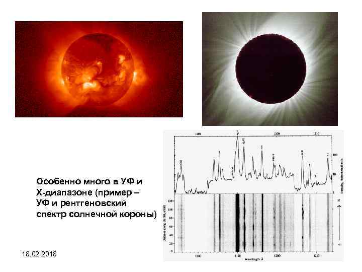 Особенно много в УФ и Х-диапазоне (пример – УФ и рентгеновский спектр солнечной короны)