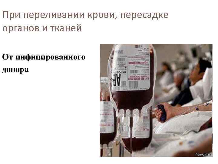 При переливании крови, пересадке органов и тканей От инфицированного донора 