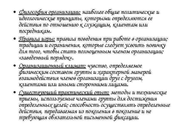  • Философия организации: наиболее общие политические и идеологические принципы, которыми определяются ее действия