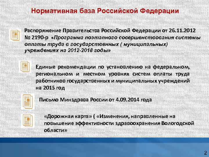 Нормативная база Российской Федерации Распоряжение Правительства Российской Федерации от 26. 11. 2012 № 2190