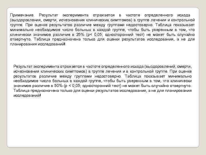 Примечание. Результат эксперимента отражается в частоте определенного исхода (выздоровления, смерти, исчезновения клинических симптомов) в