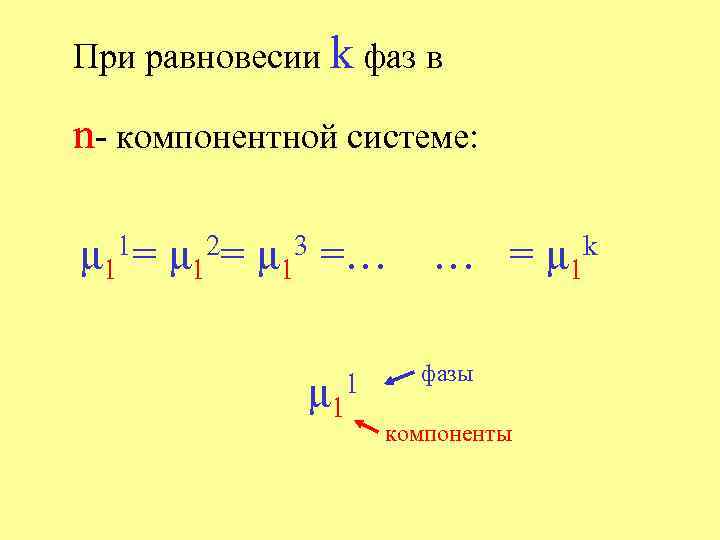 При равновесии k фаз в n- компонентной системе: 1= μ 1 2= μ 1