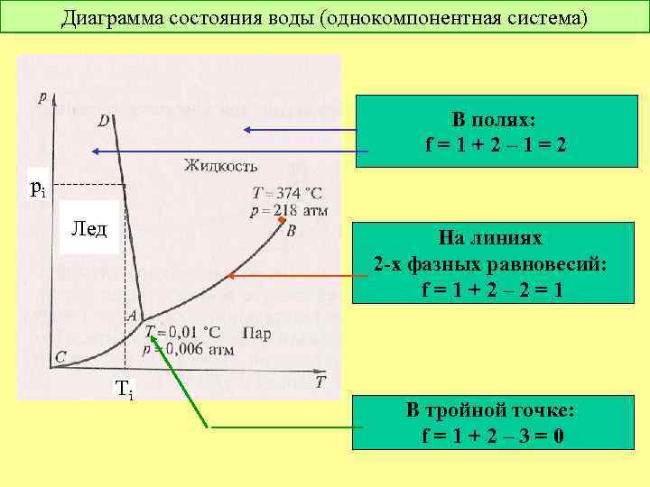 Диаграмма состояния воды (однокомпонентная система) В полях: f = 1 + 2 – 1