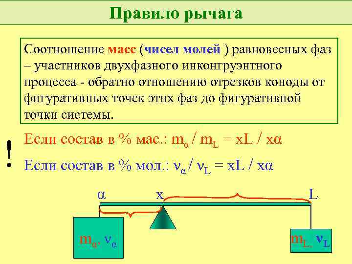 Правило рычага Соотношение масс (чисел молей ) равновесных фаз – участников двухфазного инконгруэнтного процесса