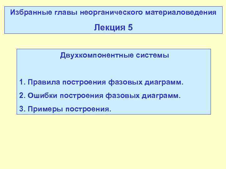 Избранные главы неорганического материаловедения Лекция 5 Двухкомпонентные системы 1. Правила построения фазовых диаграмм. 2.