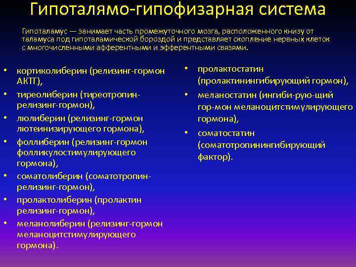 Гипоталямо гипофизарная система Гипоталамус — занимает часть промежуточного мозга, расположенного книзу от таламуса под