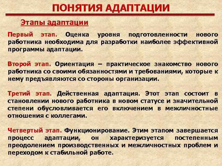 ПОНЯТИЯ АДАПТАЦИИ Этапы адаптации Первый этап. Оценка уровня подготовленности нового работника необходима для разработки