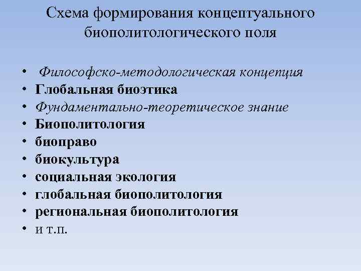 Схема формирования концептуального биополитологического поля • • • Философско-методологическая концепция Глобальная биоэтика Фундаментально-теоретическое знание