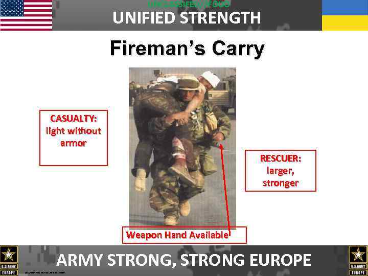 UNCLASSIFED//FOUO UNIFIED STRENGTH Fireman’s Carry CASUALTY: light without armor RESCUER: larger, stronger Weapon Hand