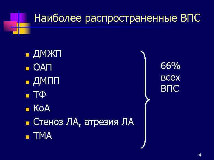 Наиболее распространенные ВПС n n n n ДМЖП ОАП ДМПП ТФ Ко. А Стеноз