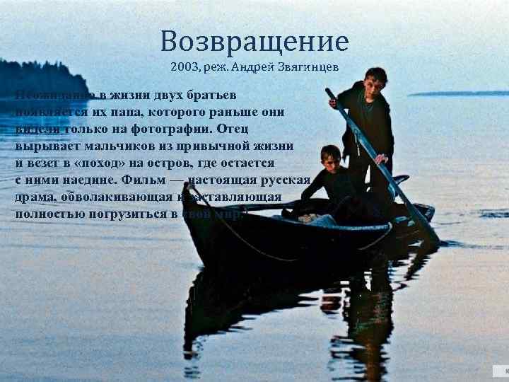 Возвращение 2003, реж. Андрей Звягинцев Неожиданно в жизни двух братьев появляется их папа, которого