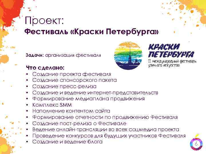 Проект: Фестиваль «Краски Петербурга» Задачи: организация фестиваля Что сделано: • • • Создание проекта