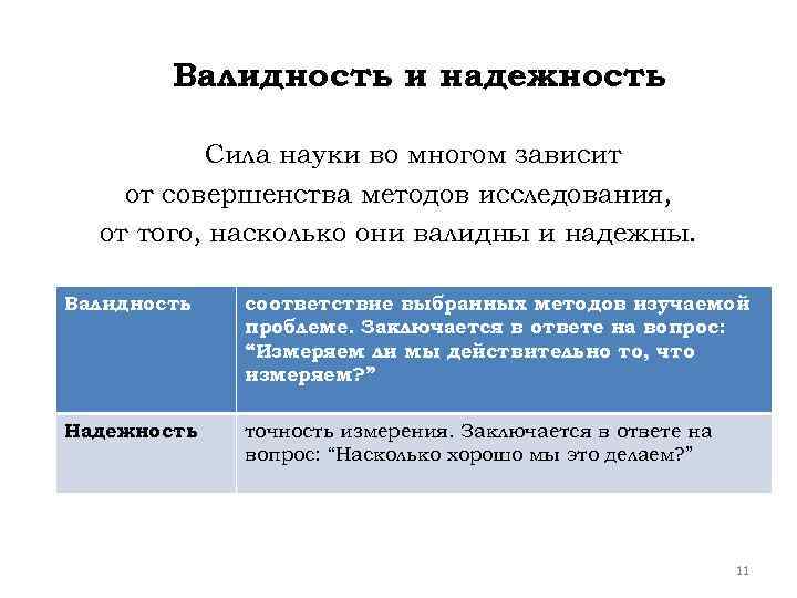 Валидность и надежность Сила науки во многом зависит от совершенства методов исследования, от того,