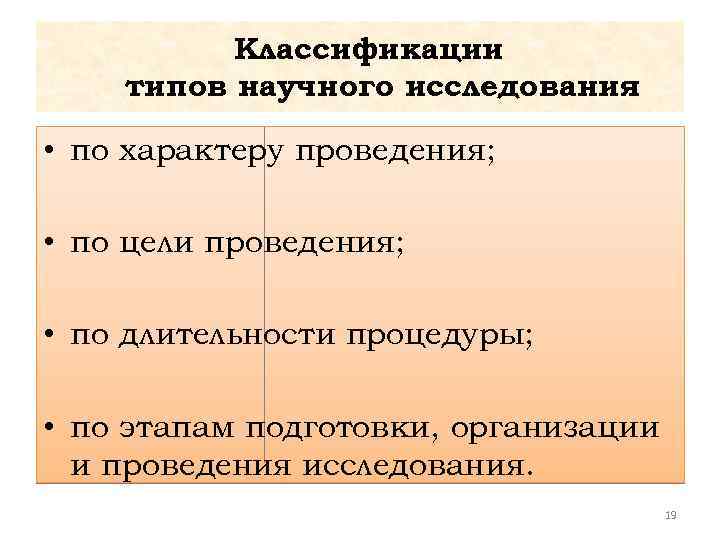 Классификации типов научного исследования • по характеру проведения; • по цели проведения; • по