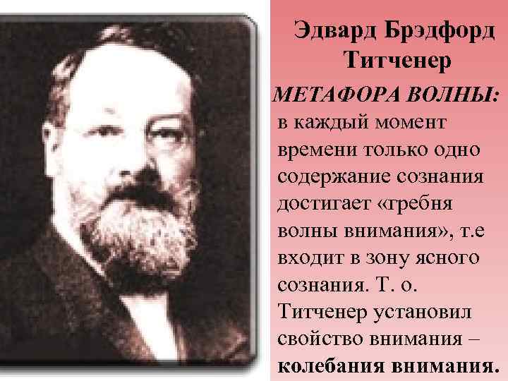 Эдвард Брэдфорд Титченер МЕТАФОРА ВОЛНЫ: в каждый момент времени только одно содержание сознания достигает