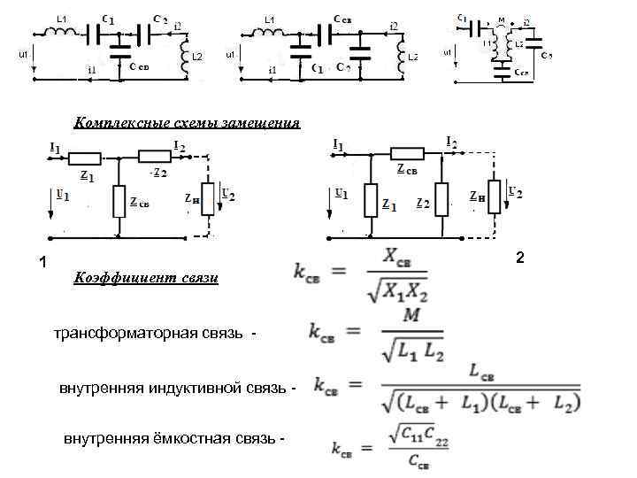 Комплексные схемы замещения 1 2 Коэффициент связи трансформаторная связь внутренняя индуктивной связь внутренняя ёмкостная