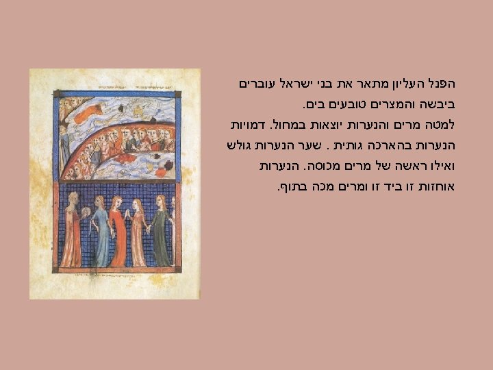  הפנל העליון מתאר את בני ישראל עוברים ביבשה והמצרים טובעים בים. למטה מרים