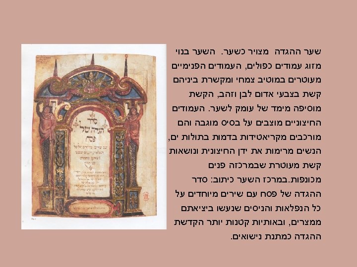  שער ההגדה מצויר כשער. השער בנוי מזוג עמודים כפולים, העמודים הפנימיים מעוטרים במוטיב